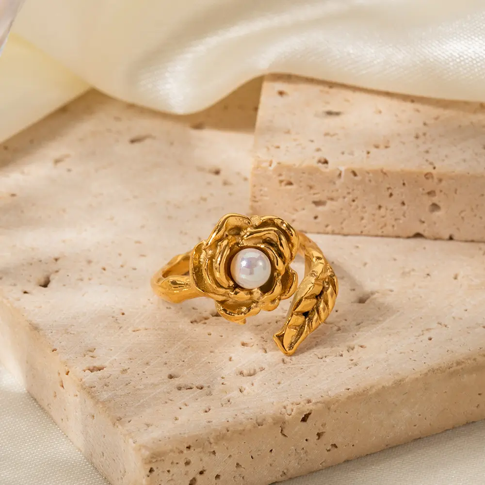 Gold Plated Ivory Shell Charm Blossom Ring - Elegant , Adjustable & Timeless