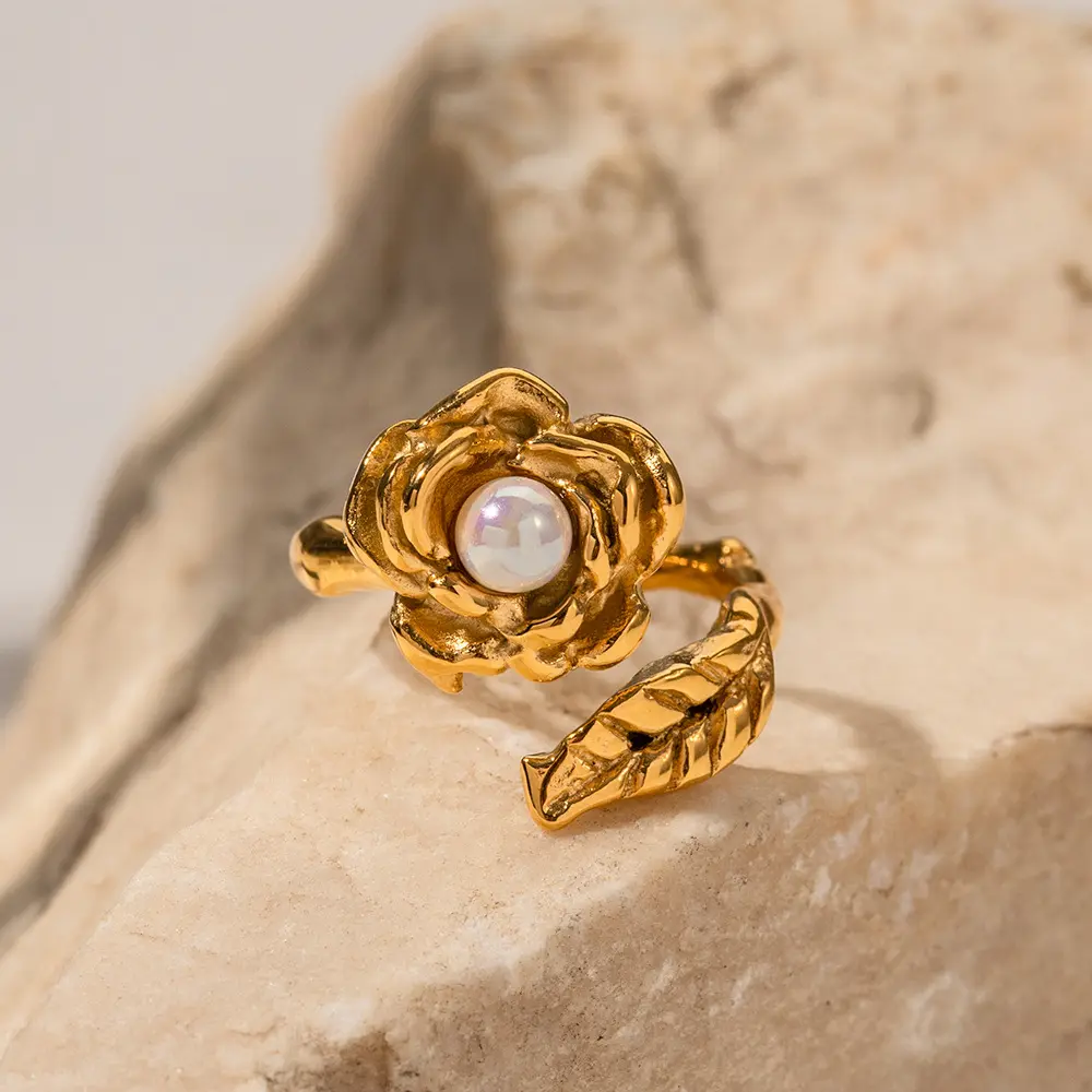 Gold Plated Ivory Shell Charm Blossom Ring - Elegant , Adjustable & Timeless