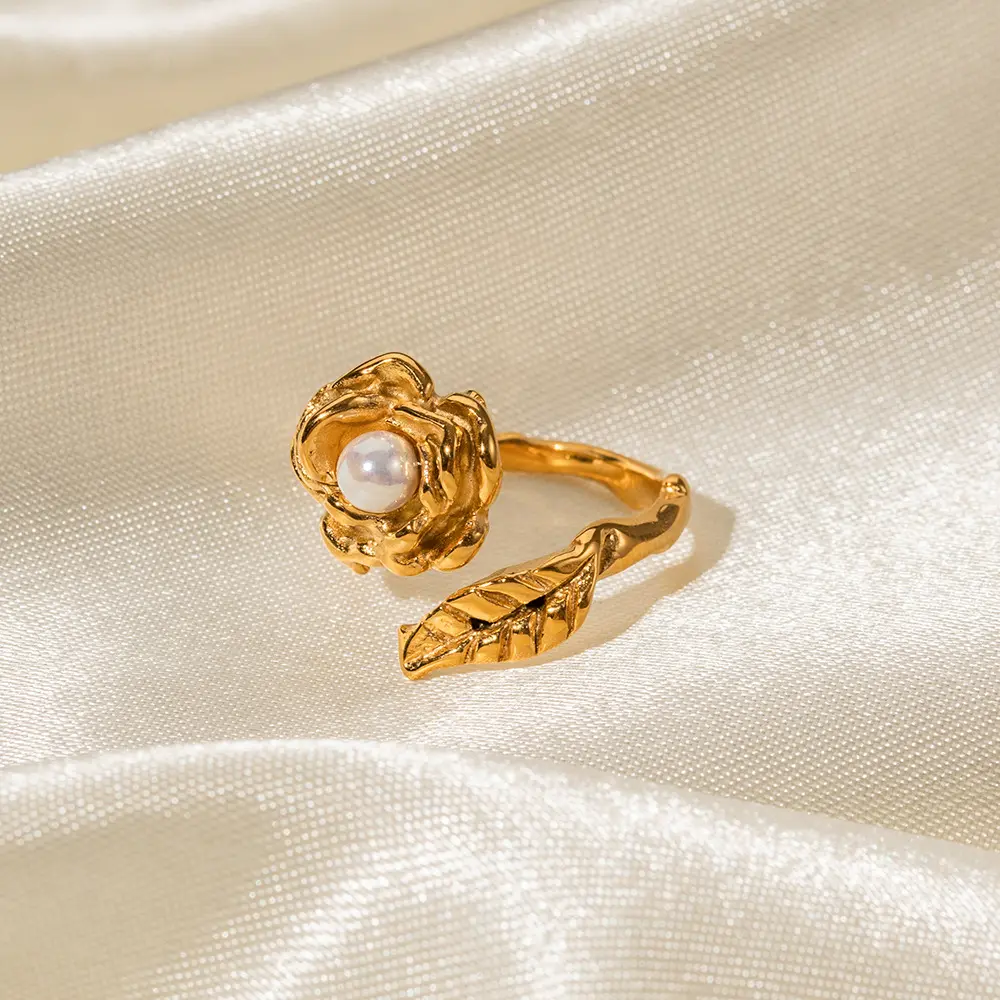 Gold Plated Ivory Shell Charm Blossom Ring - Elegant , Adjustable & Timeless