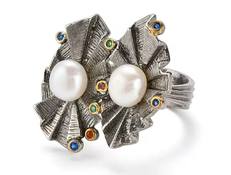 The Muse Ring (A symphony of silver, pearl, and golden light)