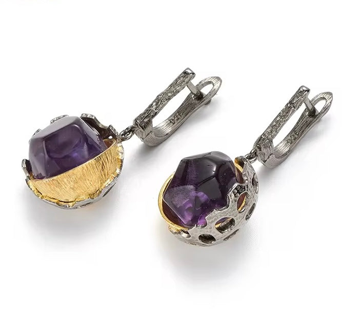 Eclipse Sculpt Amethyst Drop Earrings – 925 Sterling Silver with 18K Gold & Black Rhodium
