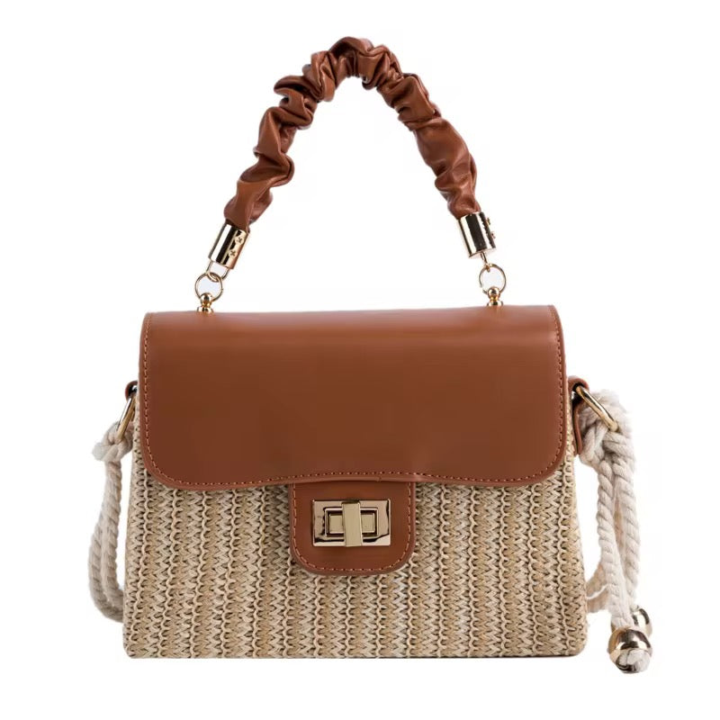 Beige Woven Crossbody Shoulder Bag with Vegan Leather Flap