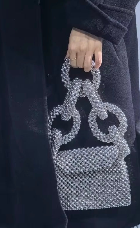 Silver Orbit Beaded Mini – Handmade Statement Bag