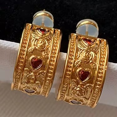 Aurélia Vintage Crown Hoops – Crimson Zircon Edition