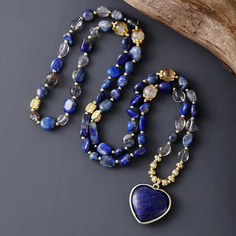 Elegant Lapis Lariat Necklace with Heart Pendant