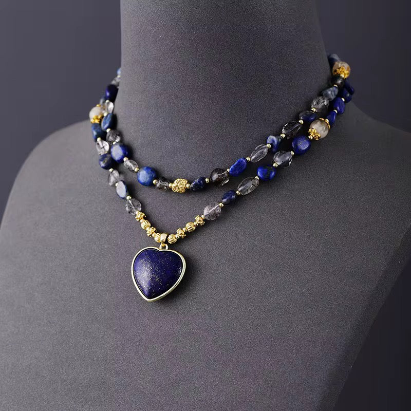 Elegant Lapis Lariat Necklace with Heart Pendant