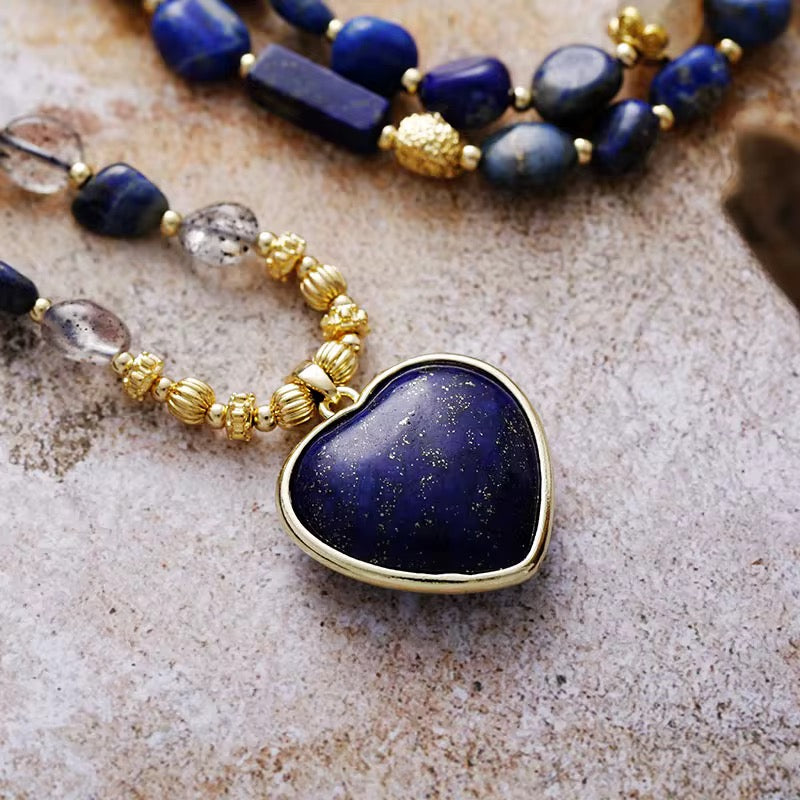 Elegant Lapis Lariat Necklace with Heart Pendant