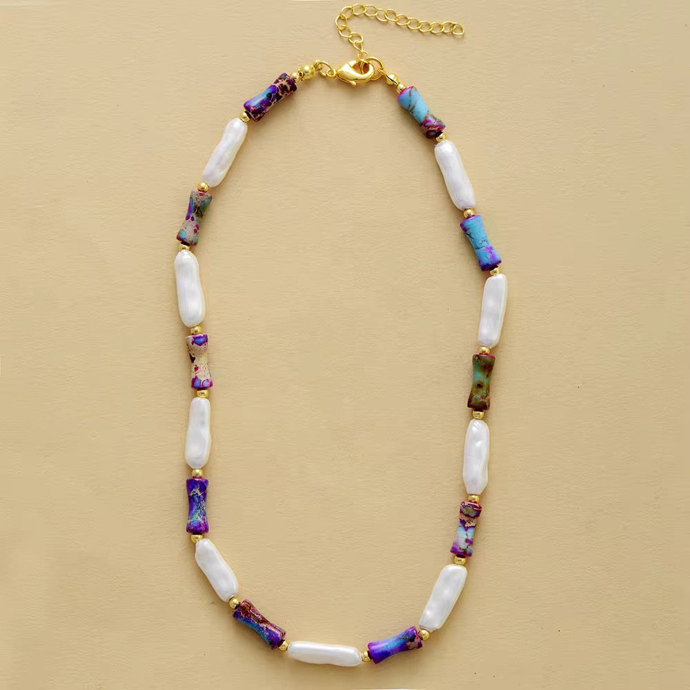 Gold - Plated Purple Jasper & Shell Pearl Choker - Statement Elegance