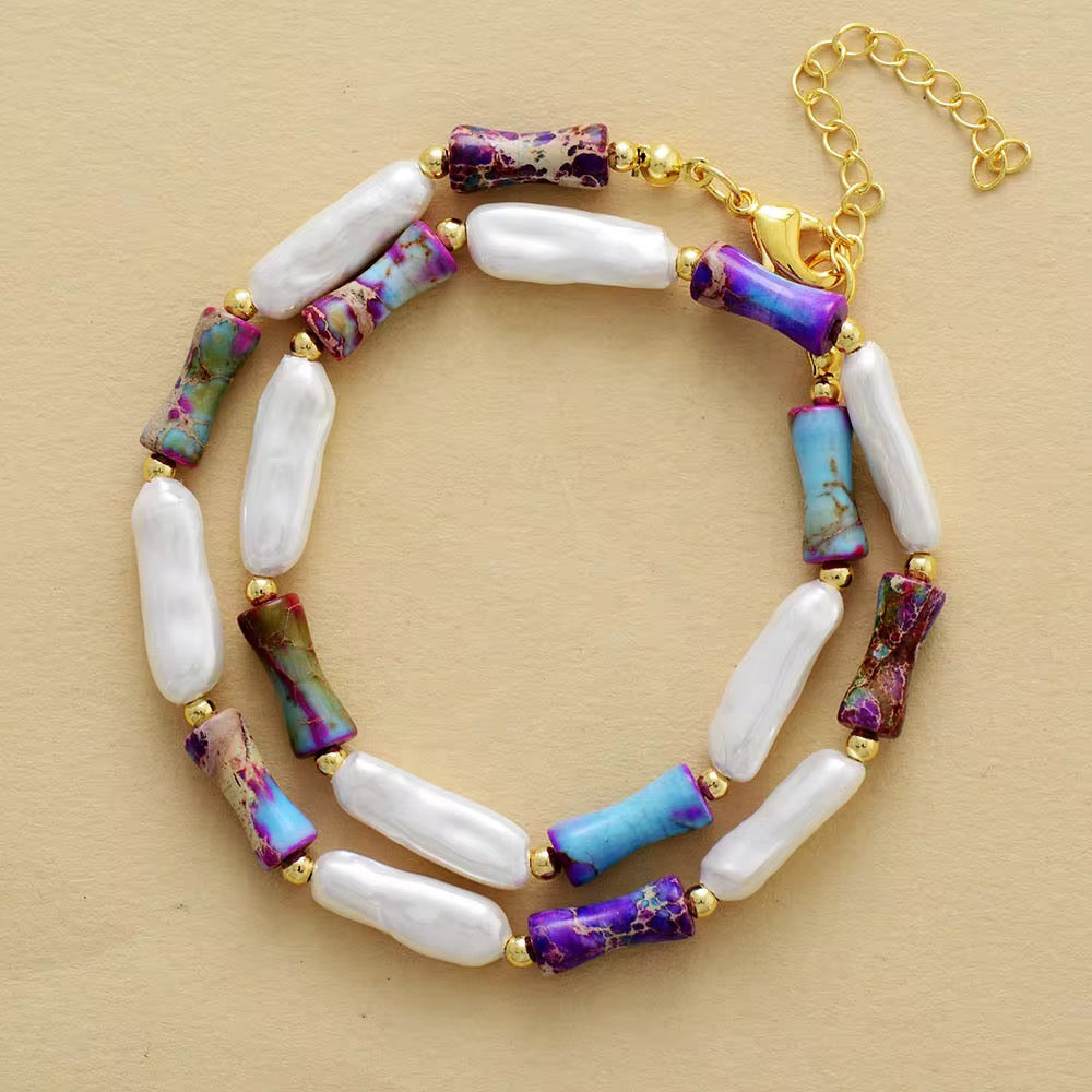 Gold - Plated Purple Jasper & Shell Pearl Choker - Statement Elegance