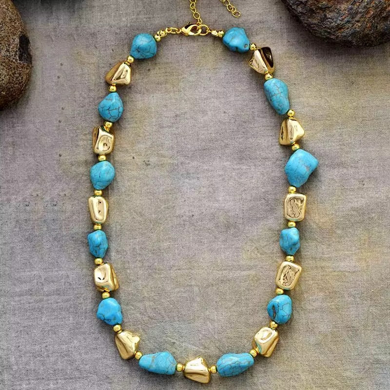 Azure Gold Harmony – Turquoise & Gilded Bead Necklace