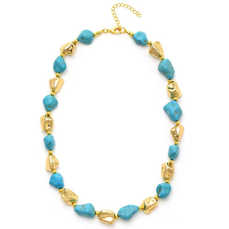 Azure Gold Harmony – Turquoise & Gilded Bead Necklace