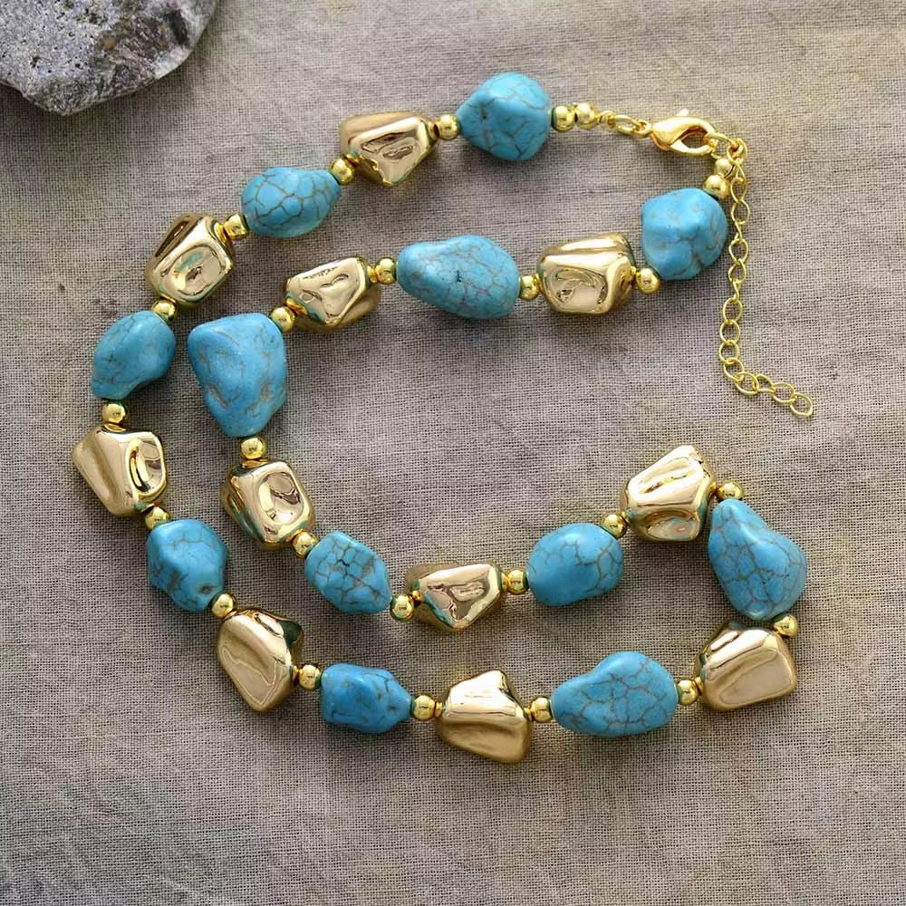 Azure Gold Harmony – Turquoise & Gilded Bead Necklace
