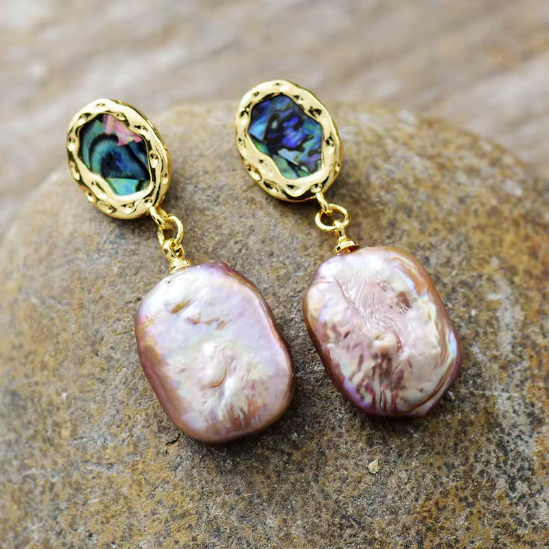 Baroque Pearl & Shell Drop Earrings - Hypoallergenic Brass