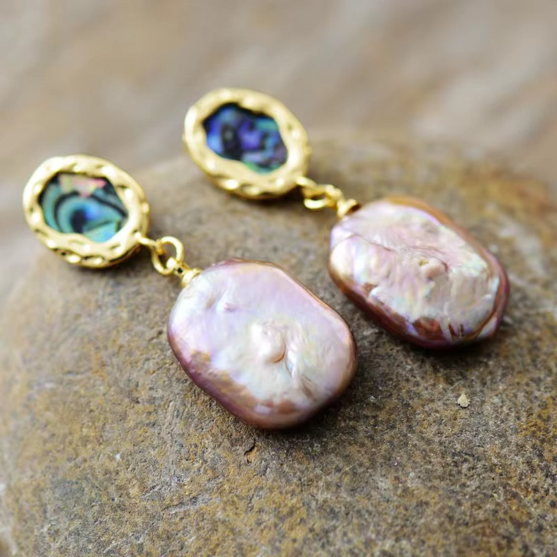 Baroque Pearl & Shell Drop Earrings - Hypoallergenic Brass