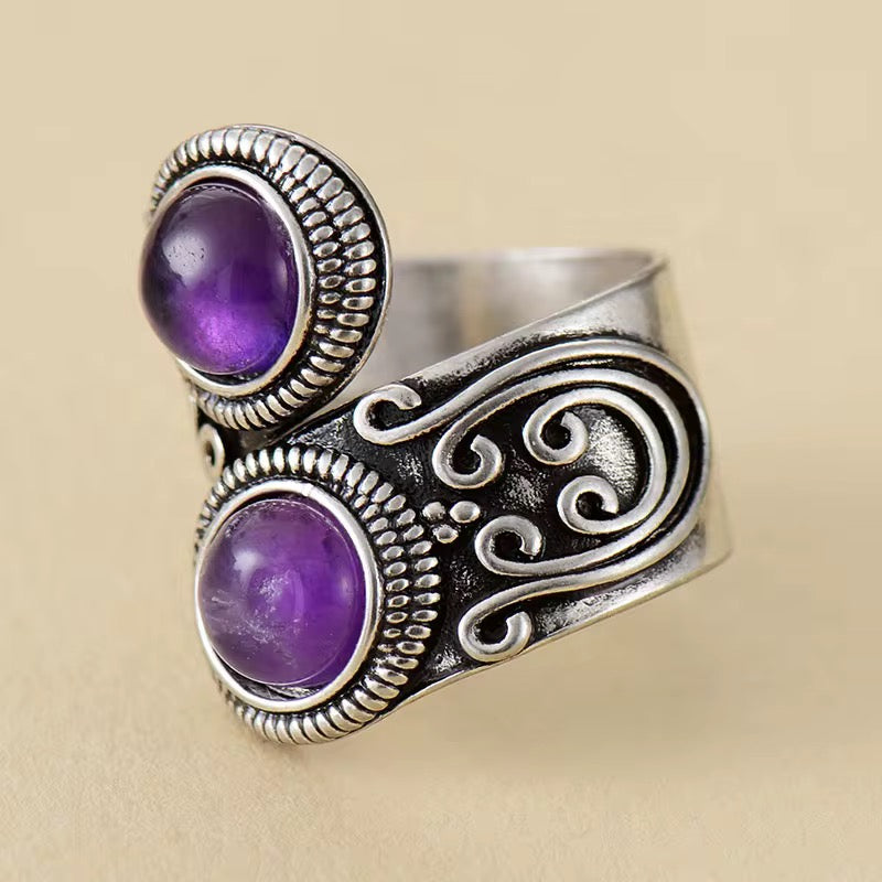 Vintage-Inspired Adjustable Amethyst Gemstone Ring