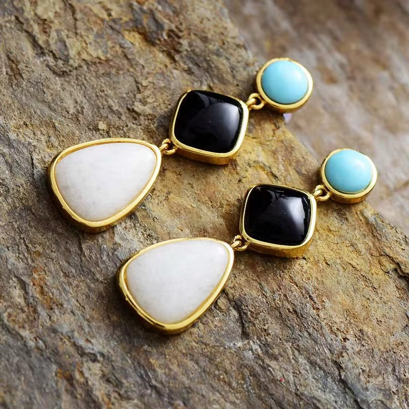 Retro Turquoise,Moonstone and Black Agate Dangle Earrings
