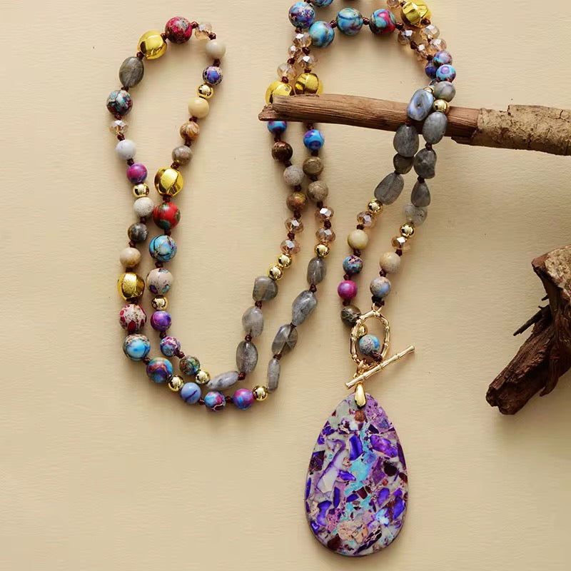 Labradorite & Purple Jasper Teardrop Pendant Necklace - Boho Natural Stone Jewellery