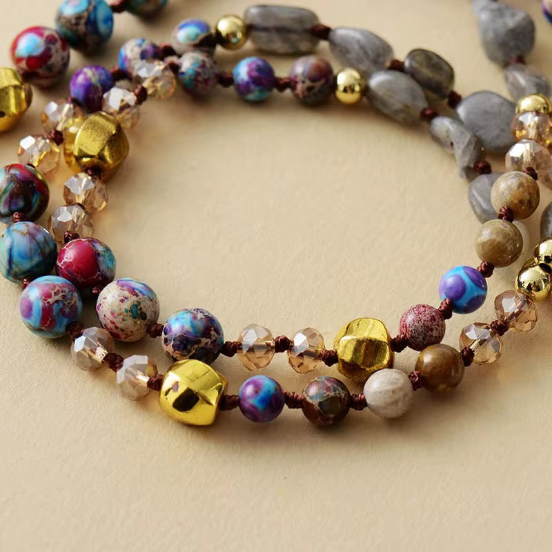 Labradorite & Purple Jasper Teardrop Pendant Necklace - Boho Natural Stone Jewellery
