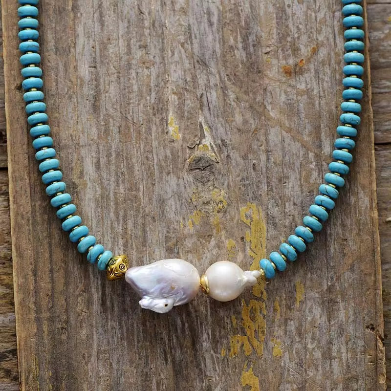 Gold - plated Turquoise & Baroque Pearl Necklace - Handcrafted Minimalist Elegance