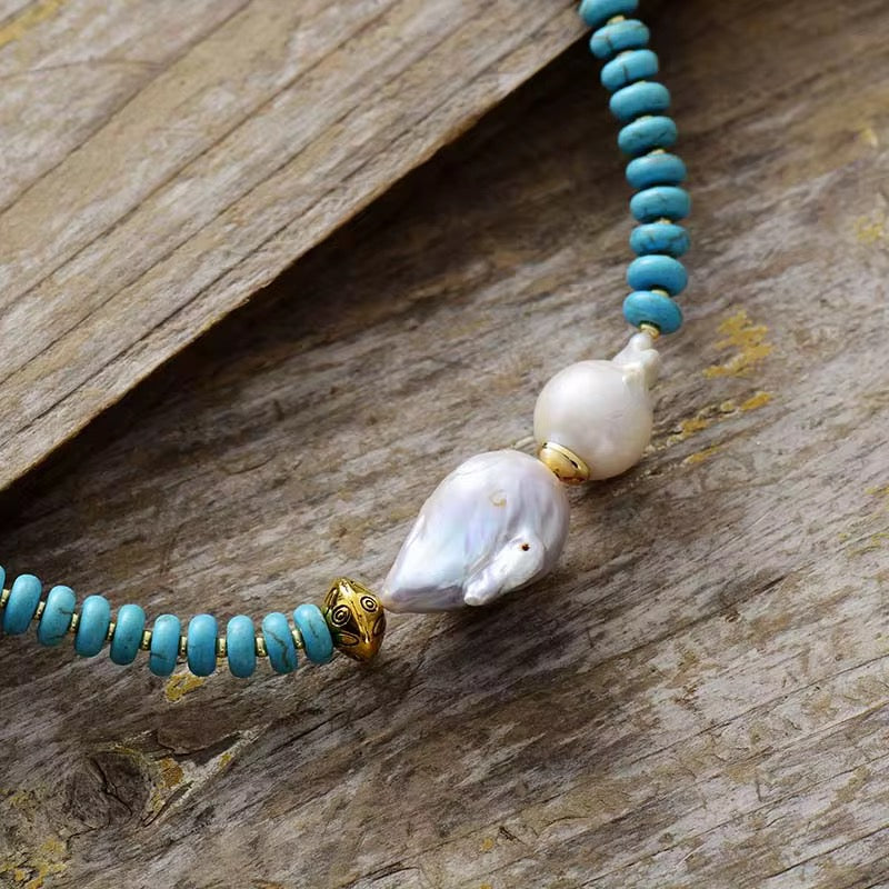 Gold - plated Turquoise & Baroque Pearl Necklace - Handcrafted Minimalist Elegance