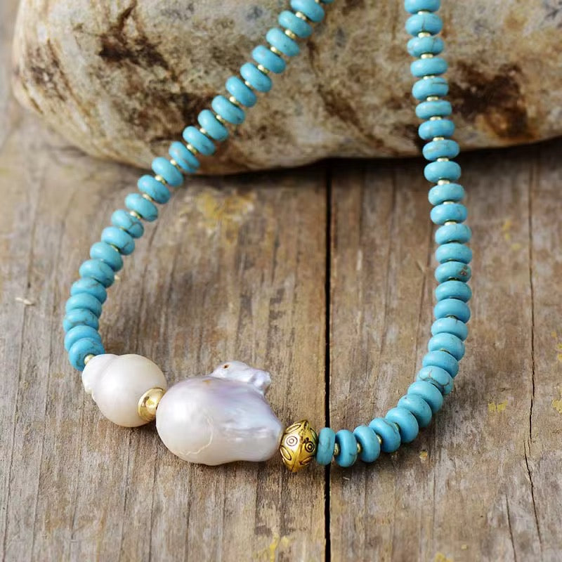 Gold - plated Turquoise & Baroque Pearl Necklace - Handcrafted Minimalist Elegance