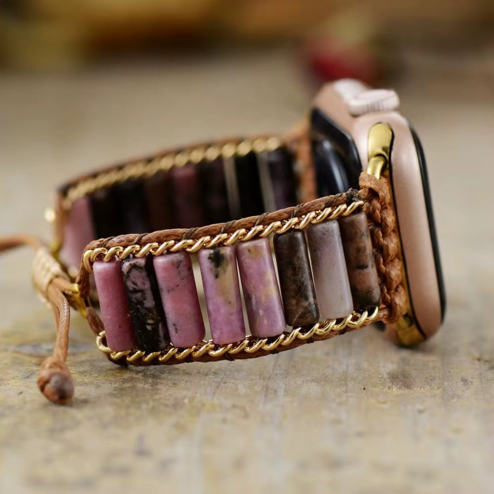 Handwoven Rhodonite Bead Apple Watch Strap for Series 9, 8 & 7