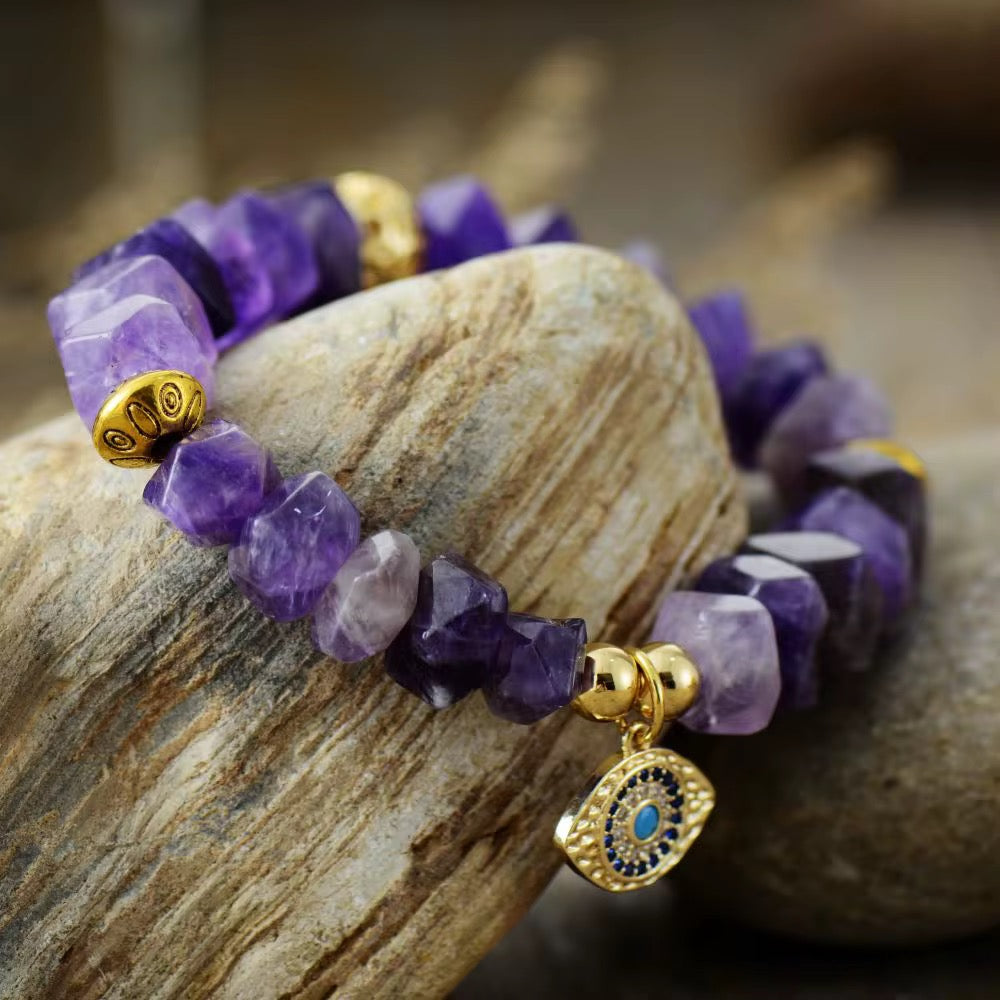 Evil Eye Charm Stretch Bracelet - Gemstone Bangle for Protection & Style