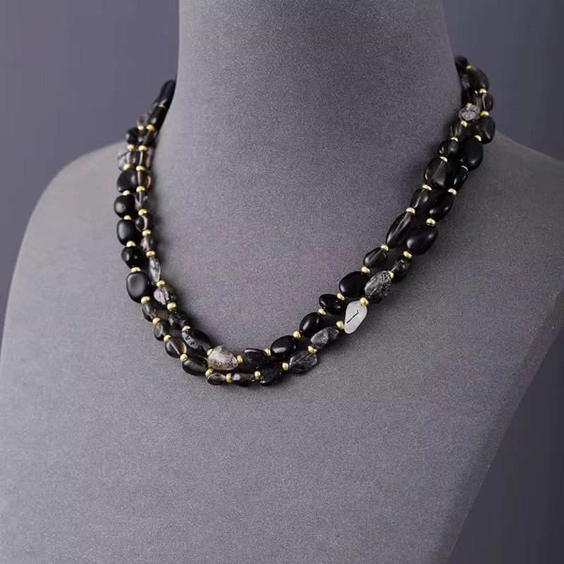Midnight Black Onyx & Quartz Lariat Necklace