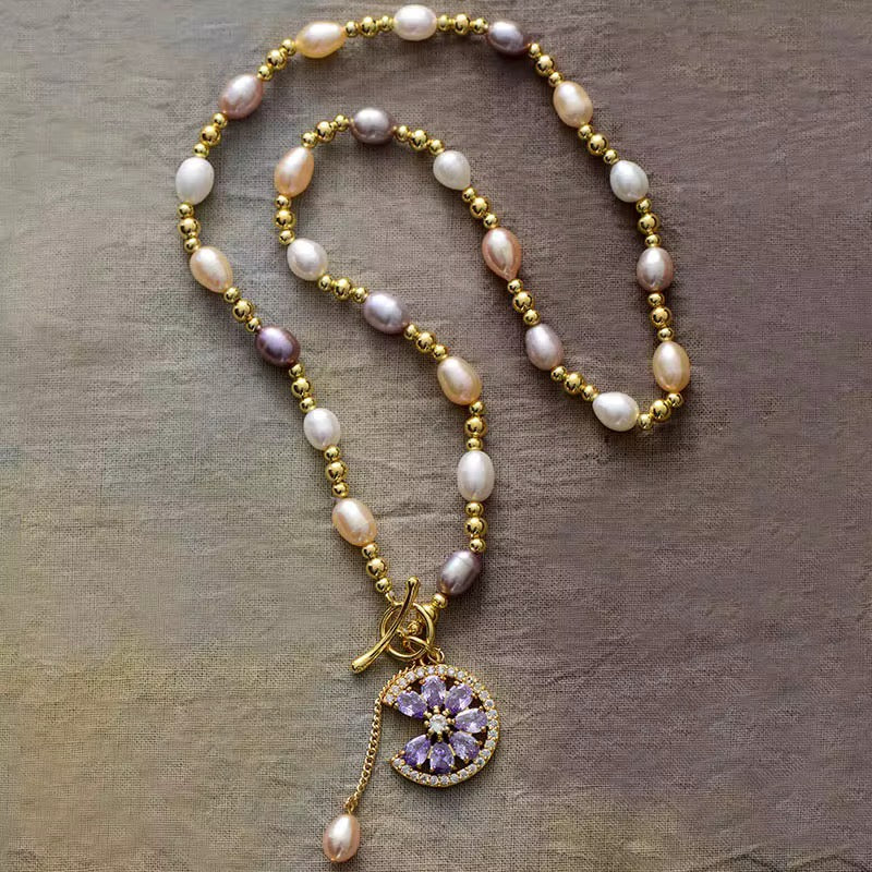 Freshwater Pearl & Purple Zirconia Lariat Necklace - Gold-Plated Floral Charm