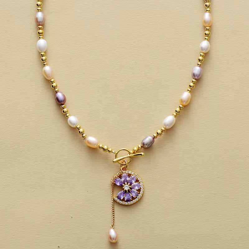 Freshwater Pearl & Purple Zirconia Lariat Necklace - Gold-Plated Floral Charm