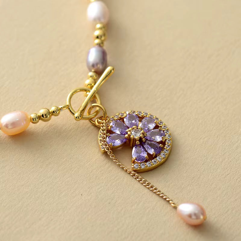 Freshwater Pearl & Purple Zirconia Lariat Necklace - Gold-Plated Floral Charm
