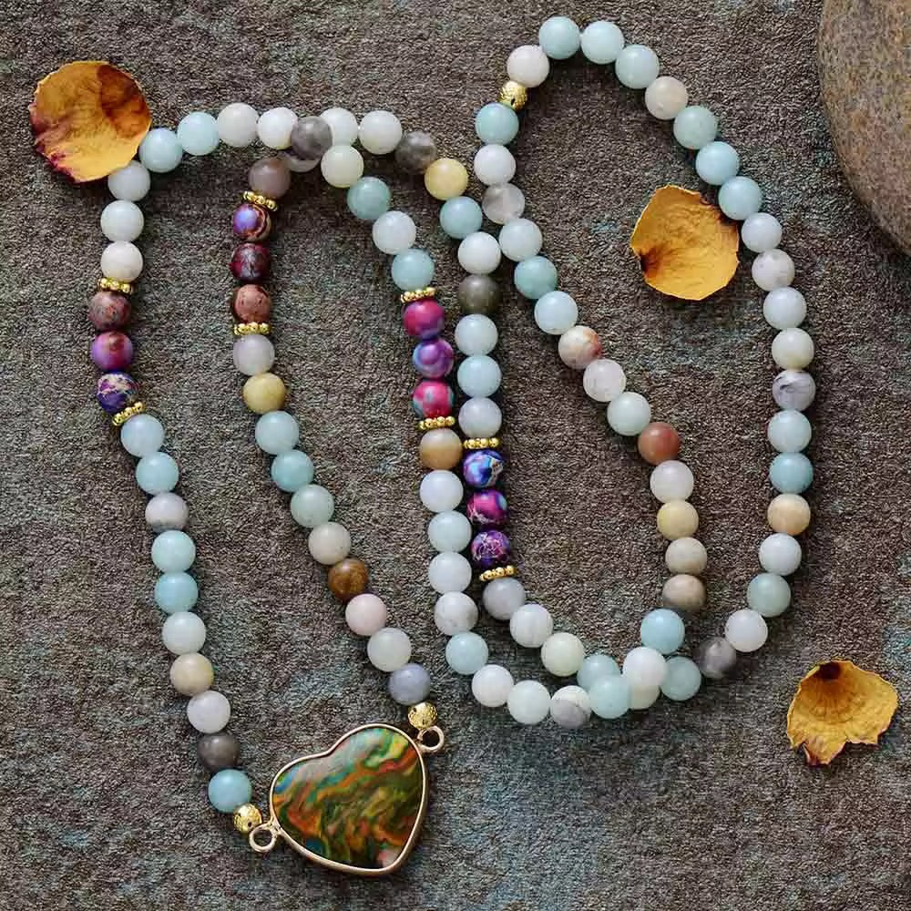108 - Bead Prayer Mala Necklace - Sunstone , Amethyst & Turquoise with Lotus Charm