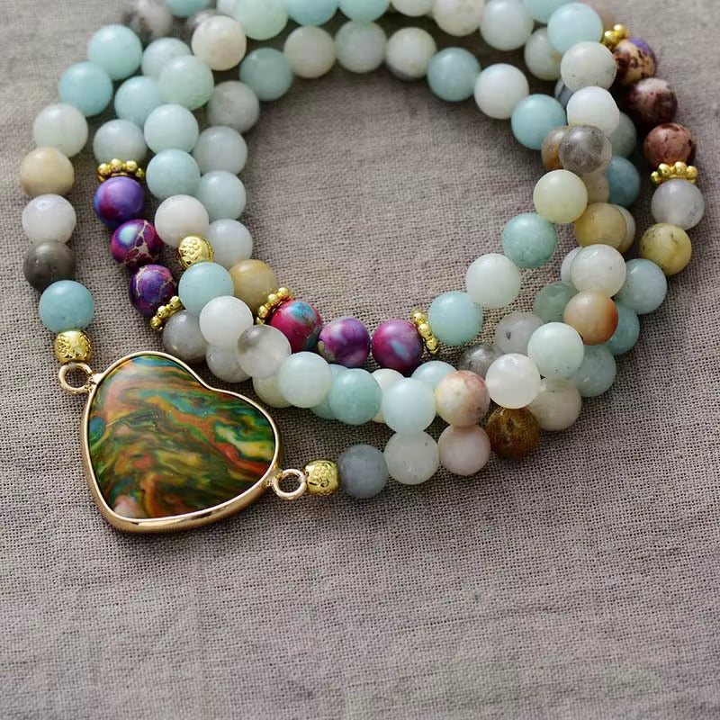 108 - Bead Prayer Mala Necklace - Sunstone , Amethyst & Turquoise with Lotus Charm