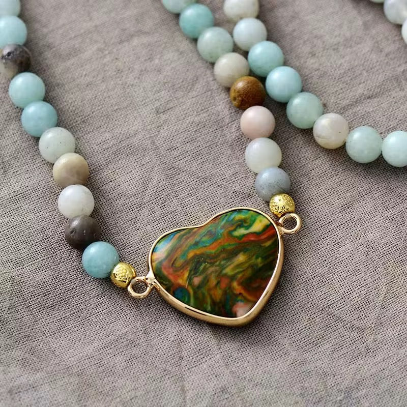 108 - Bead Prayer Mala Necklace - Sunstone , Amethyst & Turquoise with Lotus Charm