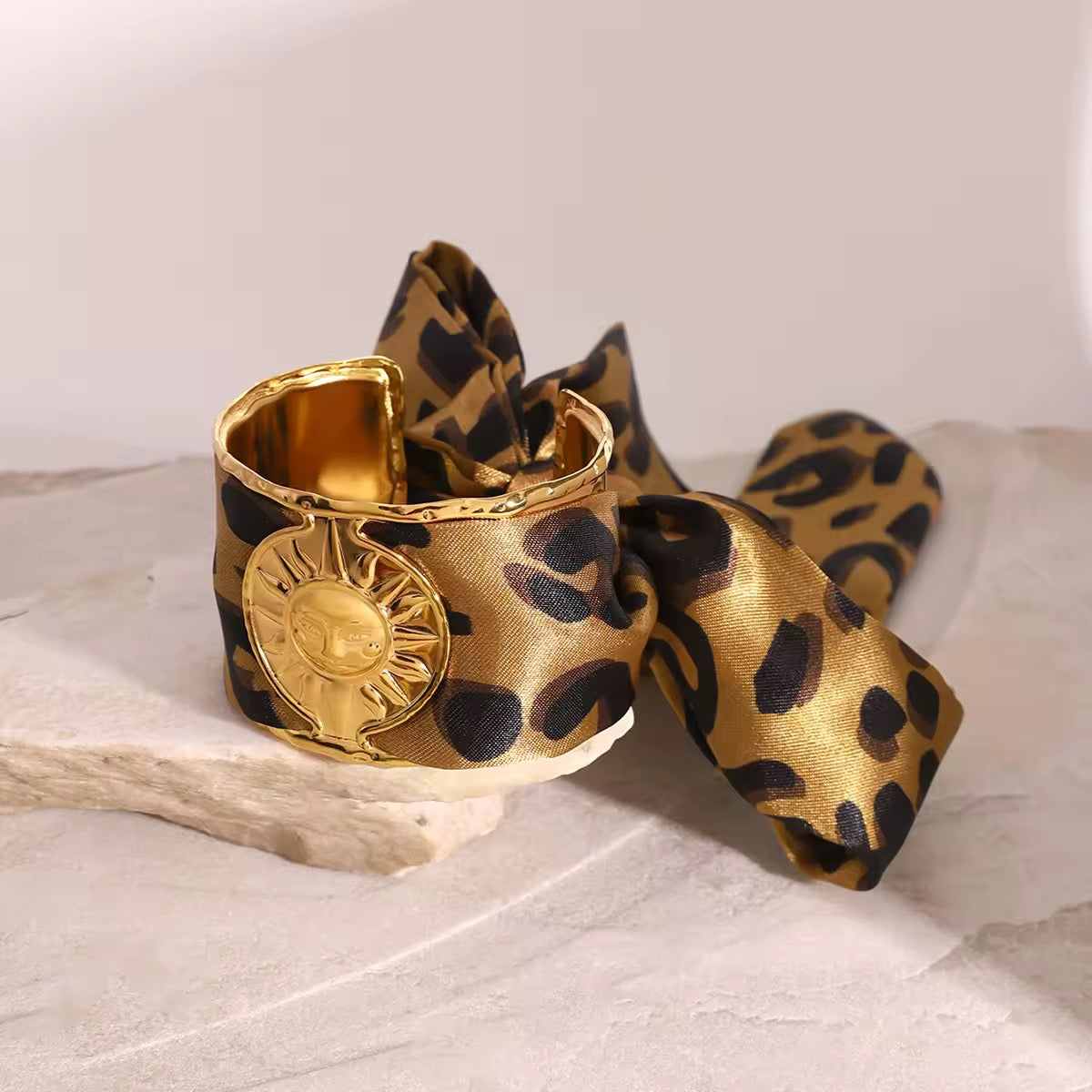 Sunburst Chunky Cuff Bracelet with Leopard Scarf – Gold Plated