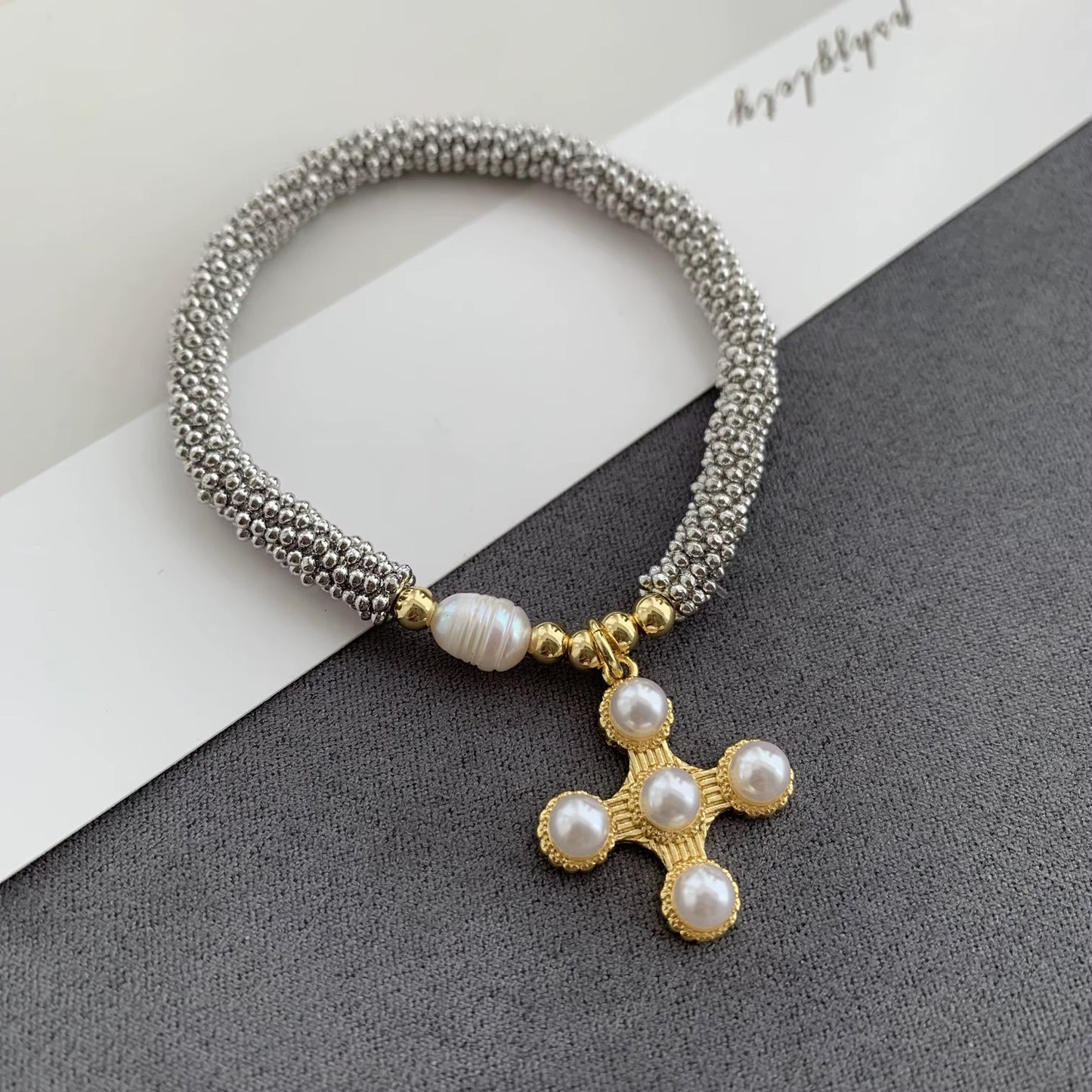 🌸 “Pearl Bloom Cross” Bracelet
