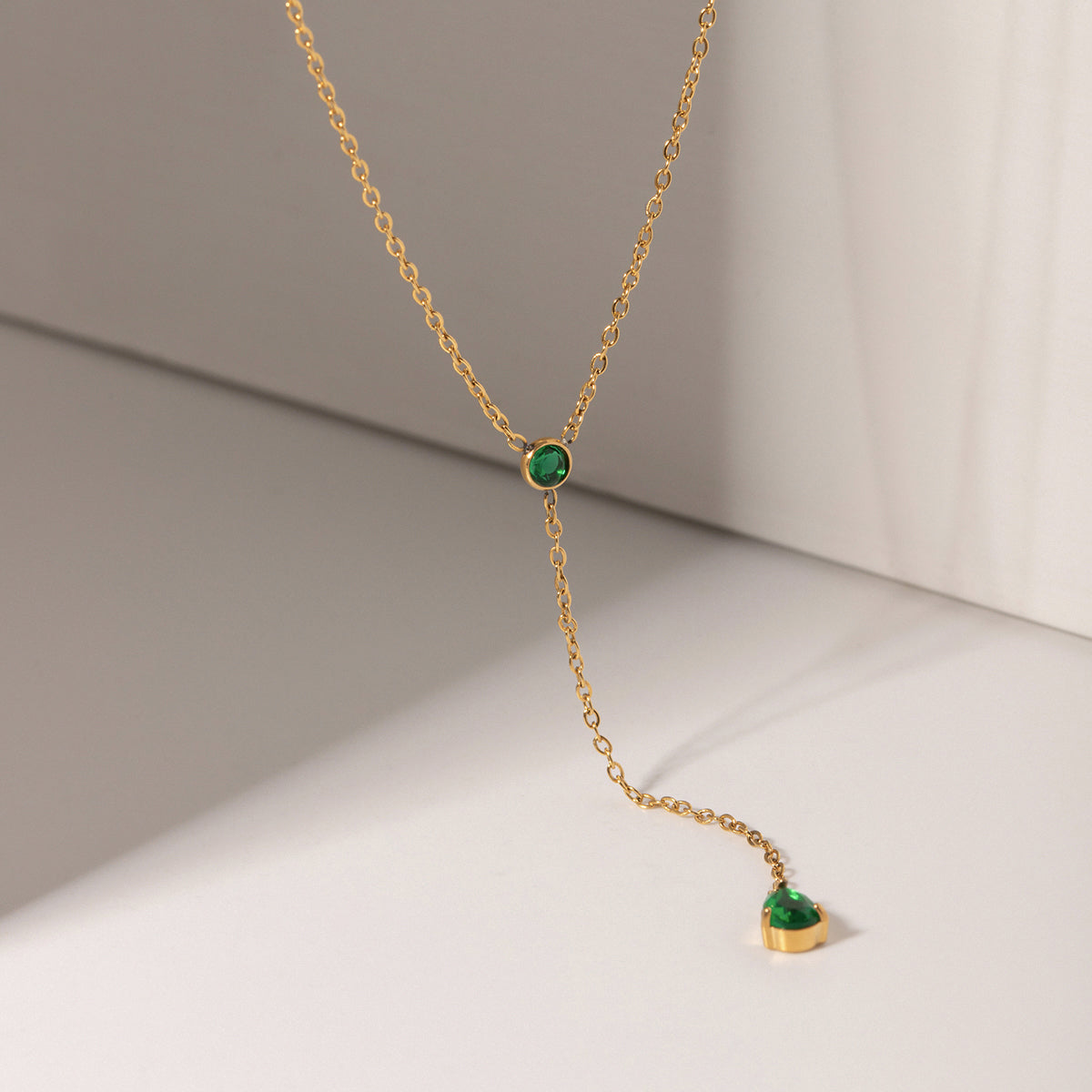 Celestial Cascade – 18K Gold Y-Shaped Pendant Necklace with Green Cubic Zirconia