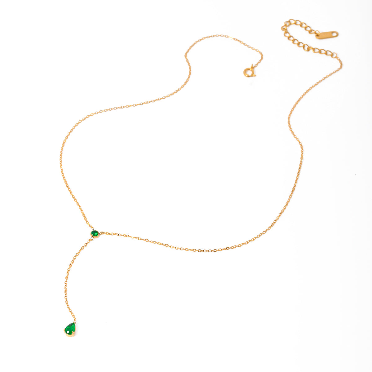 Celestial Cascade – 18K Gold Y-Shaped Pendant Necklace with Green Cubic Zirconia
