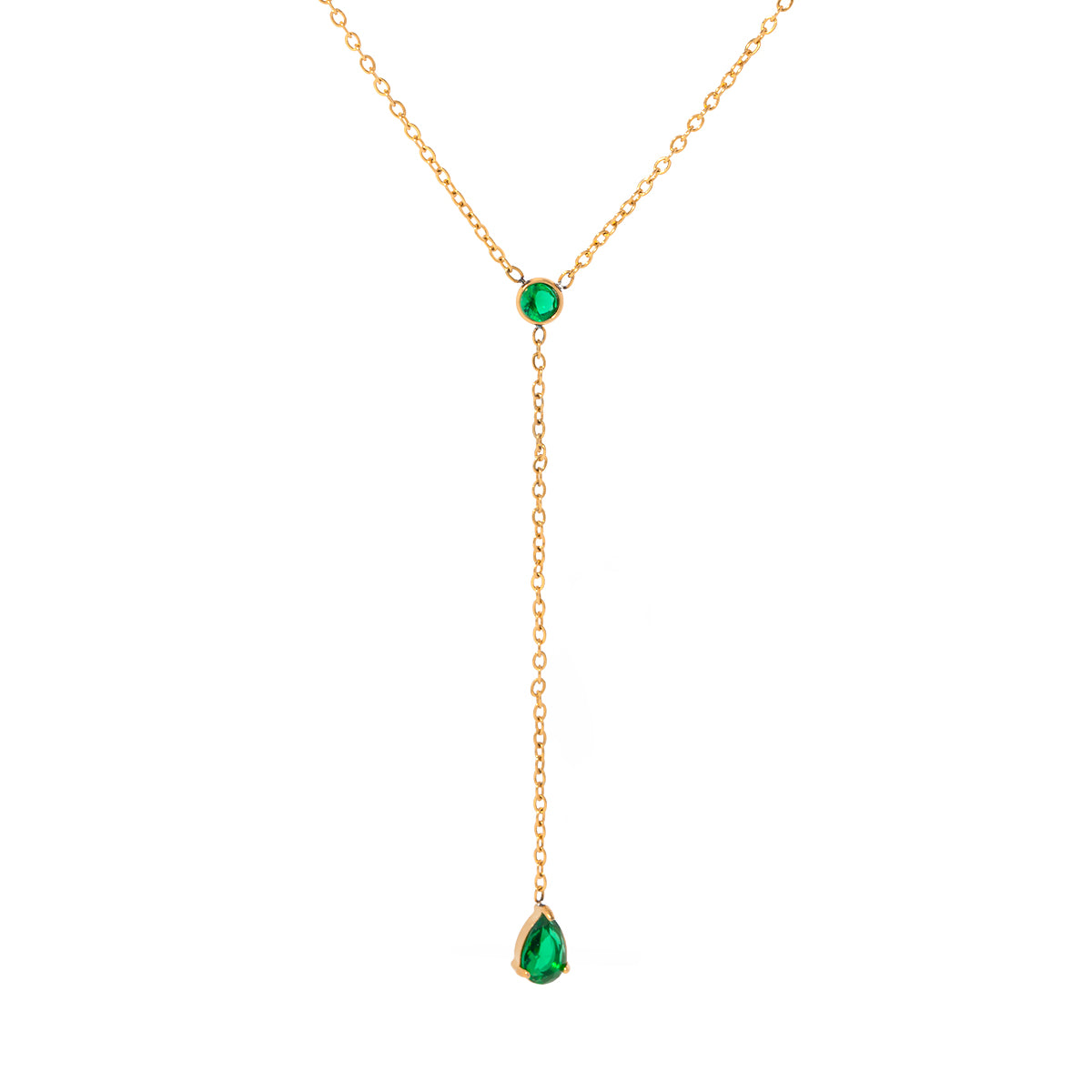 Celestial Cascade – 18K Gold Y-Shaped Pendant Necklace with Green Cubic Zirconia