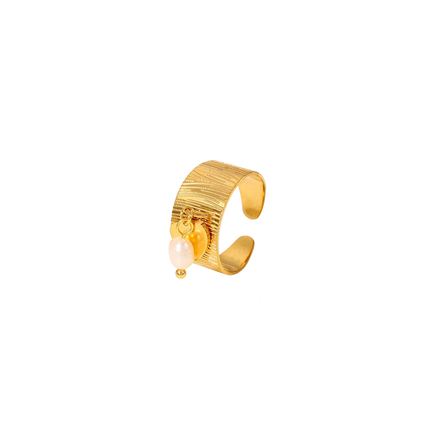 Golden Heartbeat – 18K Textured Adjustable Ring with Pearl & Charm