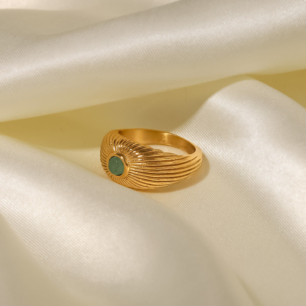 Sunburst Green Stone Chunky Ring - 18K Gold Plated