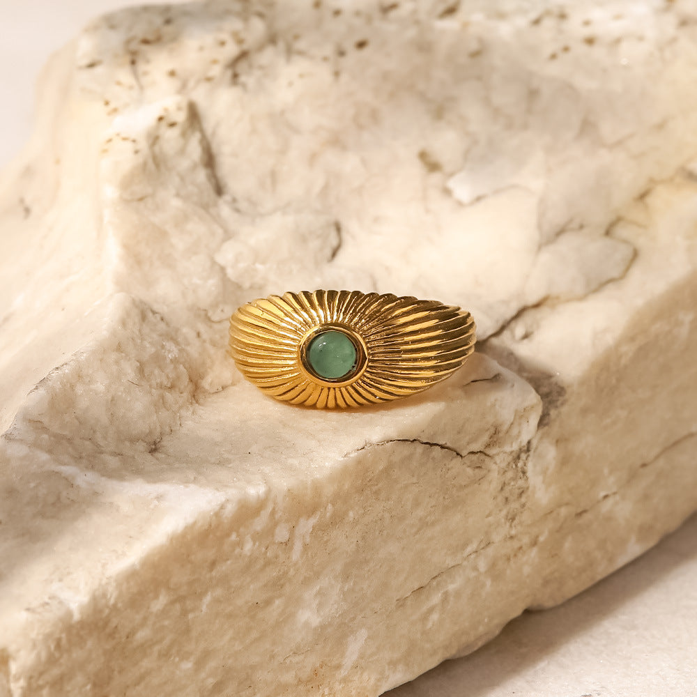 Sunburst Green Stone Chunky Ring - 18K Gold Plated