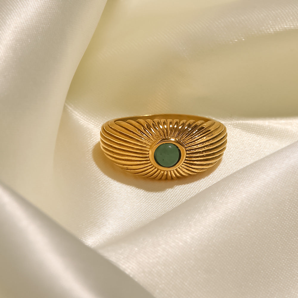 Sunburst Green Stone Chunky Ring - 18K Gold Plated