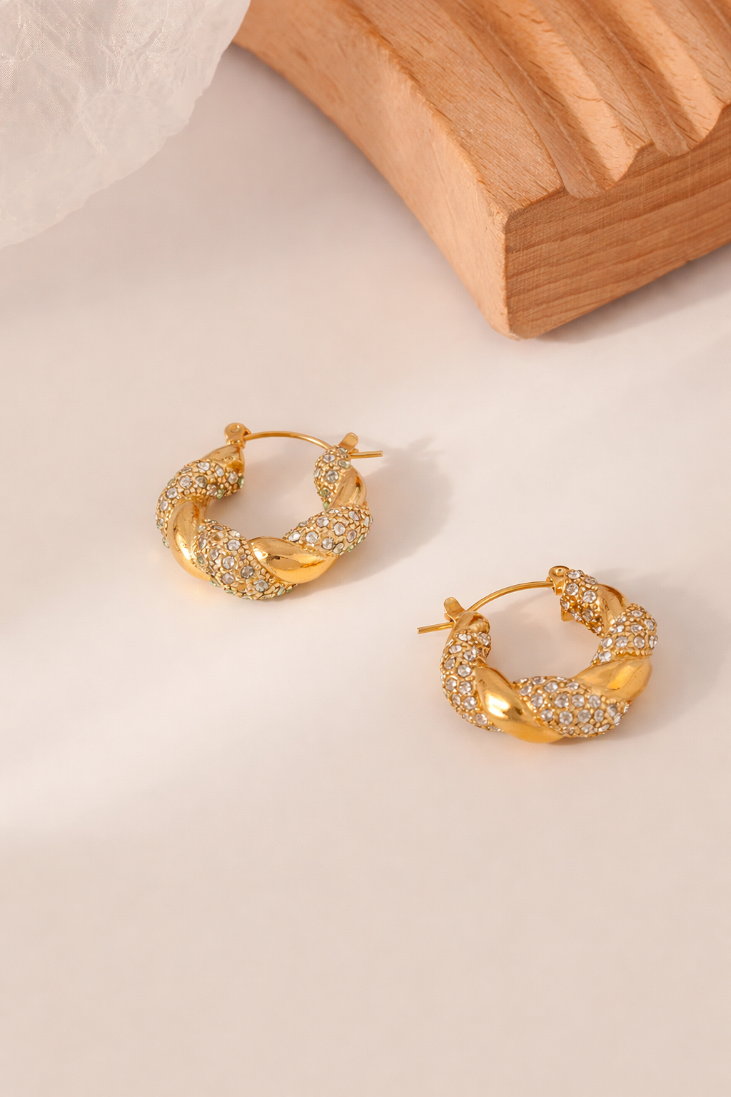 Luxe Twisted Radiance Hoops – 18K Gold Plated Zircon Earrings