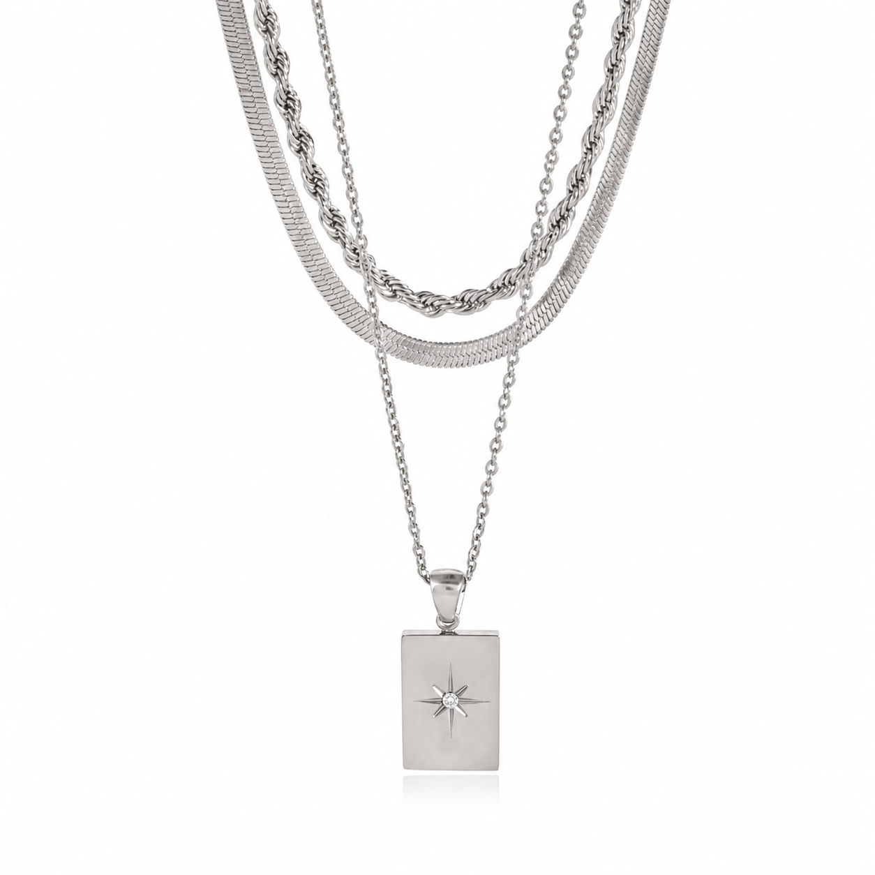 Celestia Luxe Triple-Layer Star Pendant Necklace – Silver Stainless Steel