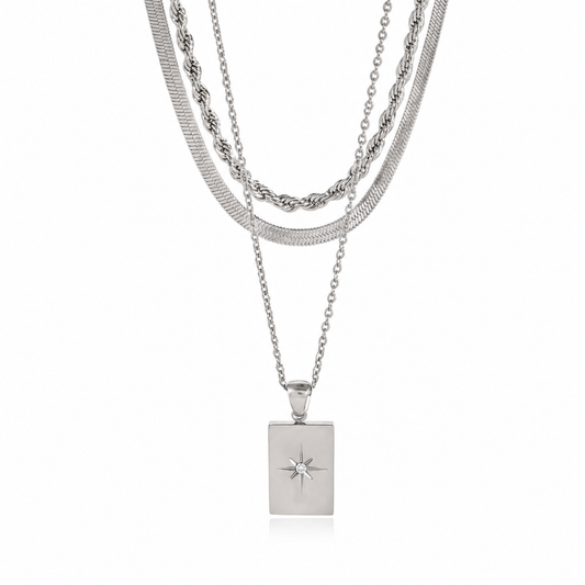Celestia Luxe Triple-Layer Star Pendant Necklace – Silver Stainless Steel