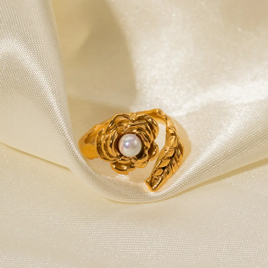 Gold Plated Ivory Shell Charm Blossom Ring - Elegant , Adjustable & Timeless