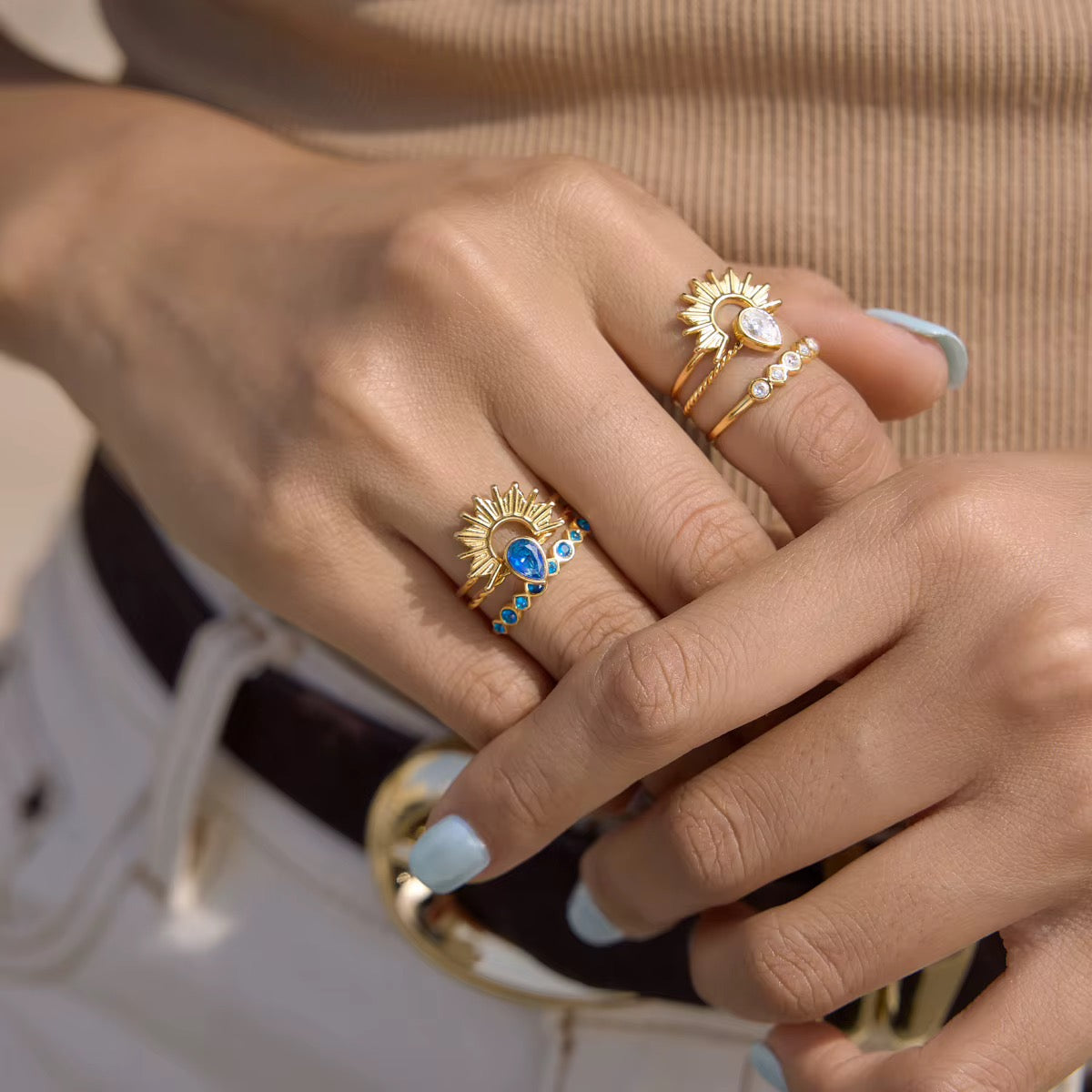 Nerissa Azure Sunburst Ring Set