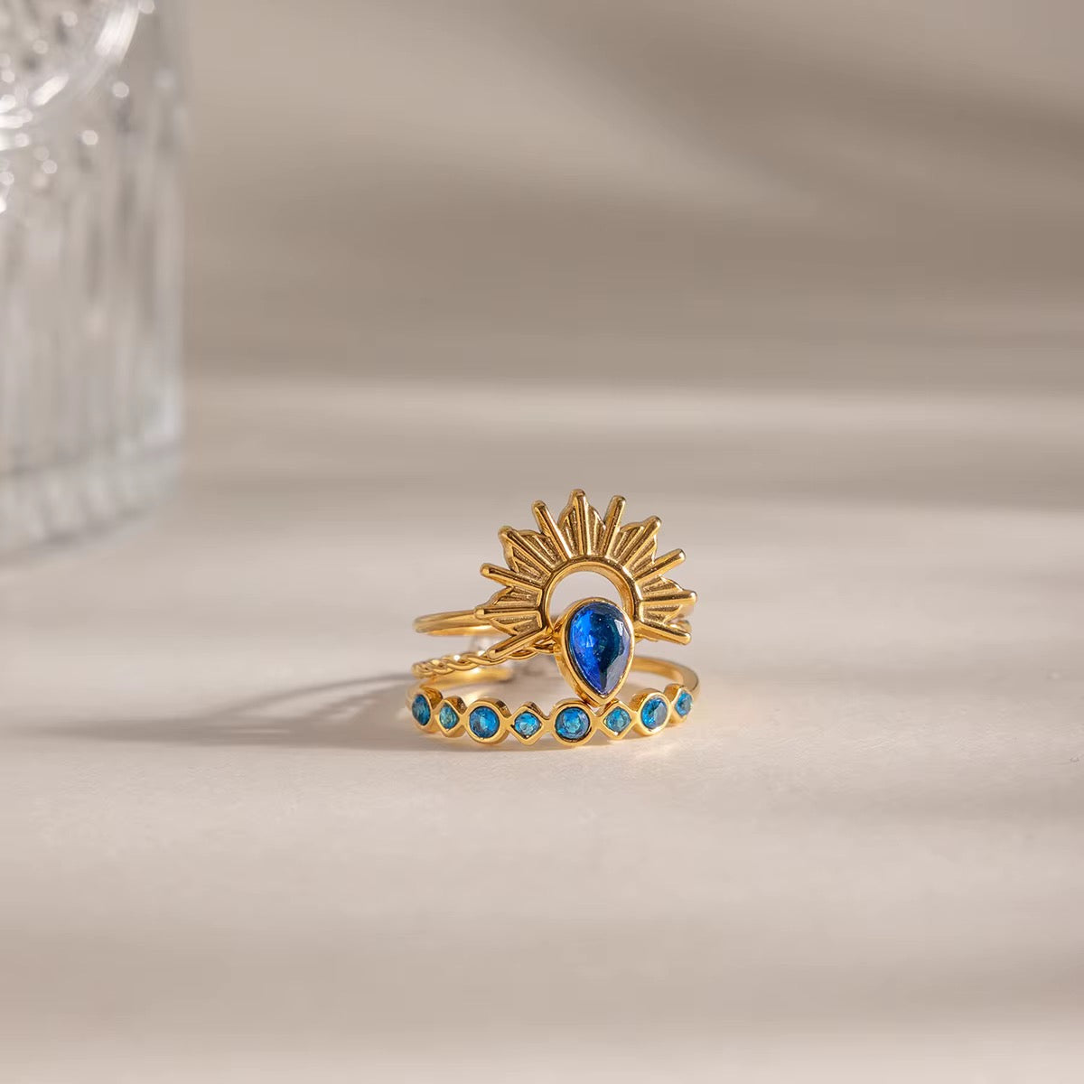 Nerissa Azure Sunburst Ring Set