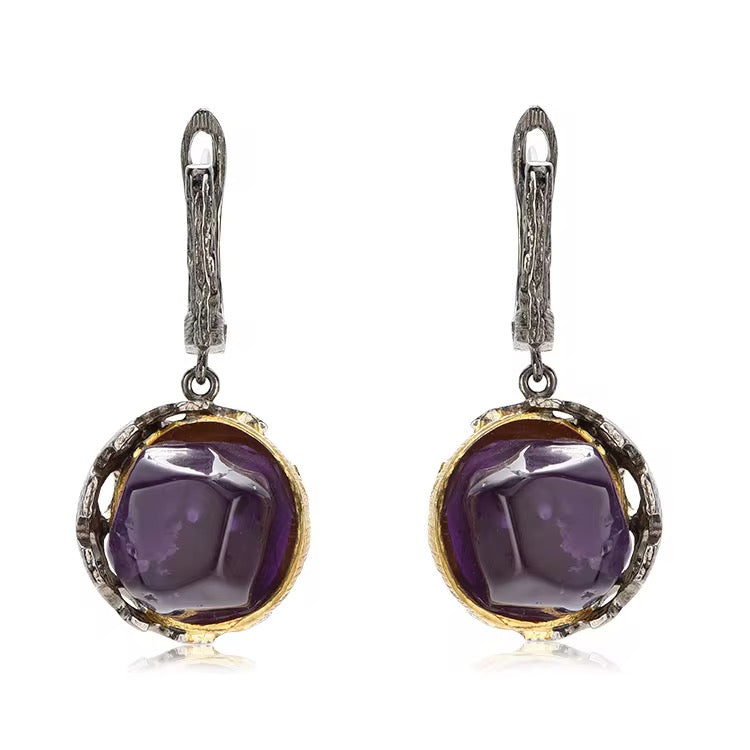 Eclipse Sculpt Amethyst Drop Earrings – 925 Sterling Silver with 18K Gold & Black Rhodium